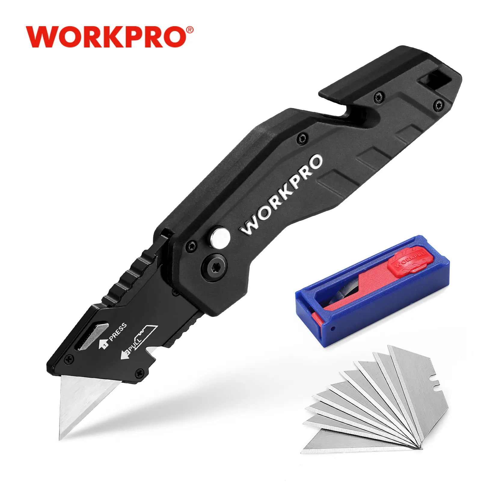 #summersale WORKPRO Folding Utility Knife, Box Cutter with Belt Clip, Quick-Change Blade, Lightweight Nylon Handle, Wire Stripper & Gut Hook, Extra 10 SK5 Blades Included, Black