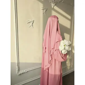 Plus Size - Plus Size - 2pcs One Set Khimar Dress, Very Suitable for Dawn And Umrah As Well As Daily Life, Ramadan Solid Color Pleated Loose Dress with Headscarf Two-Layer Veil P333