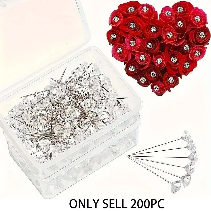 200pcs Glitter Rhinestone Bouquet Pins with Plastic Box (38mm), Sparkling Decorative Jewelry Accessories, Perfect for Crafts and Gifts, Bulk