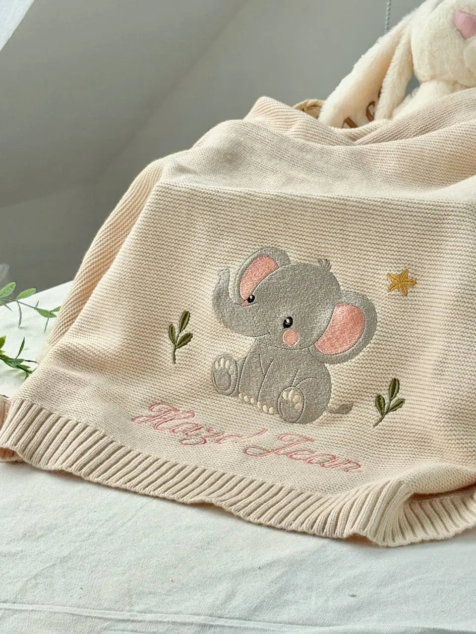 [Made-to-Order] Personalized Elephant Embroidered Name Blanket, Custom Jungle Safari Quilt, Zoo Animal Nursery Blanket, Welcome Baby Keepsake, Baby Shower Gift