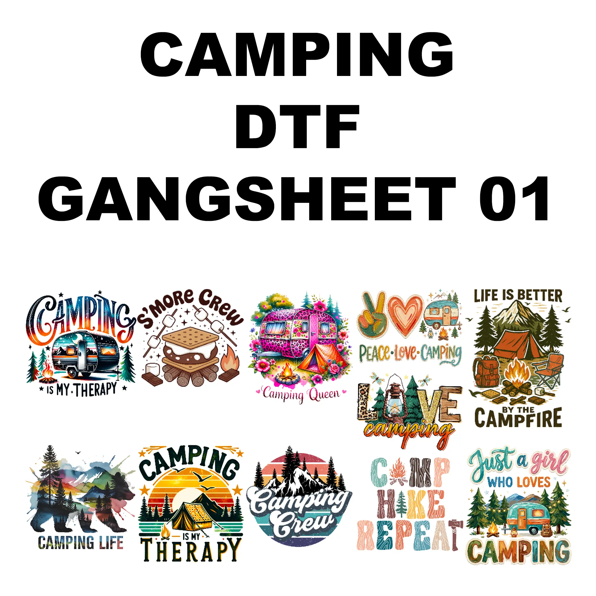 Camping DTF Transfers Gang Sheet - Ready to Press Designs (11 Designs Bundle)