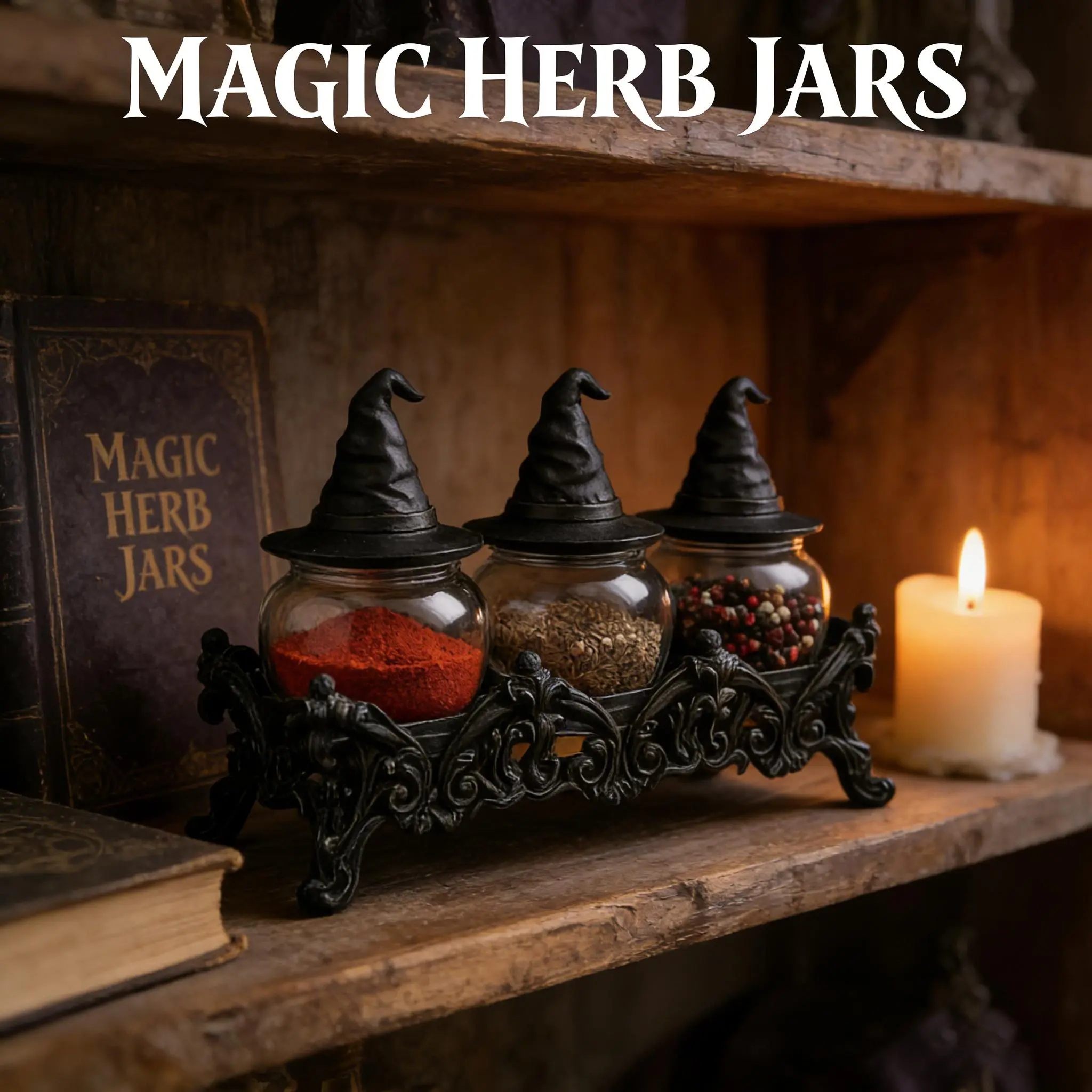 Gothic 23x13x15cm Witch's Hat Spice Canister Set, Vintage Handcrafted Glass Lid with Base, Easter-Themed Kitchen Seasoning Storage Bottles for Spices-Pepper-Salt, Decorative Practical Kitchenware, Decoration