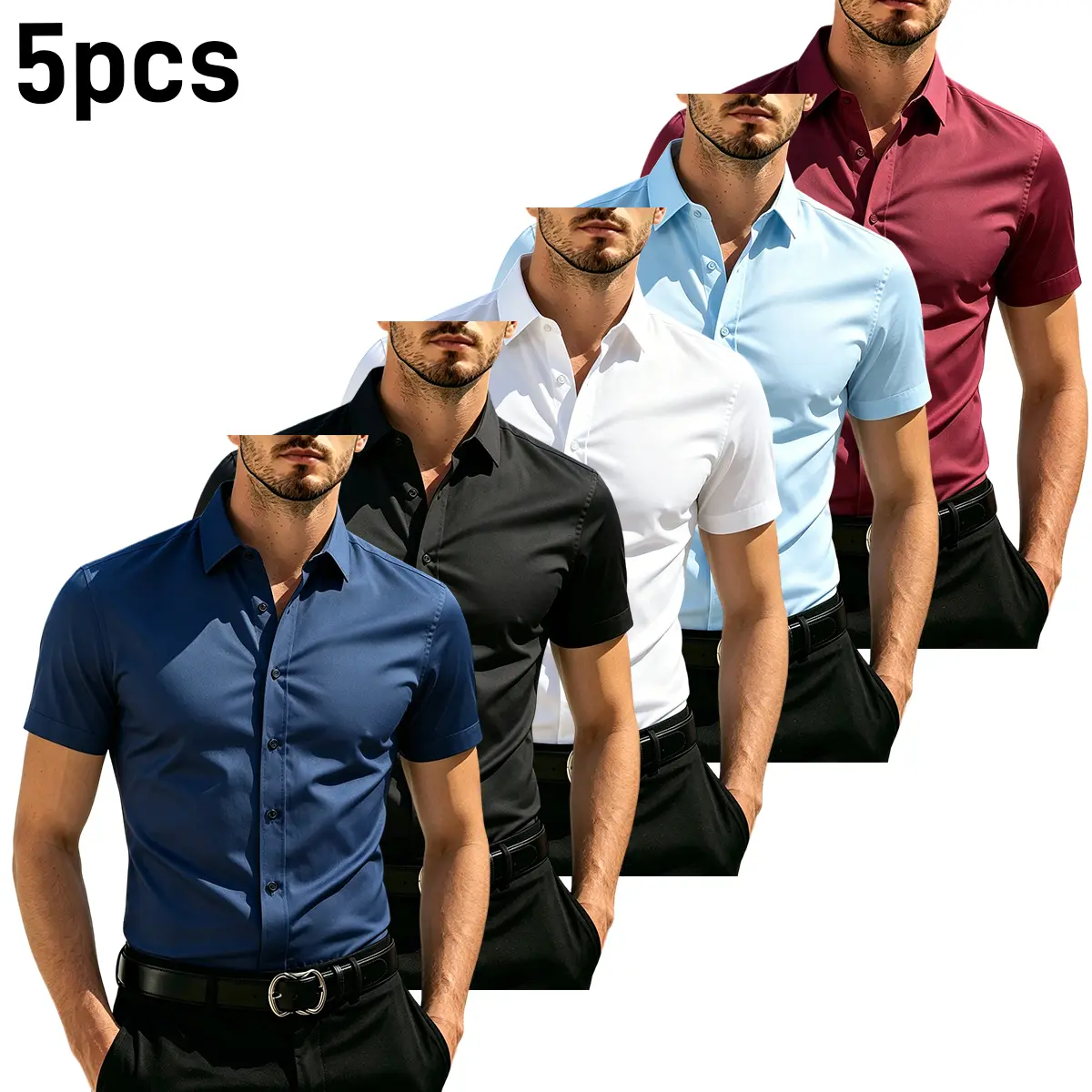 Men's Solid Polyester Blend Shirt, Business Casual Short Sleeve Button-Up with a Collared Neck and Pocket, Normal Type