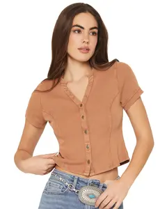 Idyllwind Women's Frisco Solid Short Sleeve Button-Down Rib Knit Shirt - Iwsp25k84-Crml