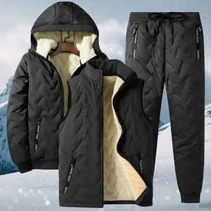 Men's Three-Piece Set Jacket Vest Cotton Pants Ultrasonic Fleece Warm Stand Collar Winter Coat for Dad