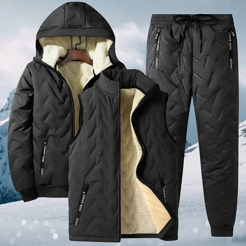 Men's 3-Piece Menswear Outfits, Stylish Casual Plain Fleece Winter Clothes Set with Stand-Collar Jacket, Vest, and Pants, Long Sleeve, Him, Full Sleeve, 3-Piece Set