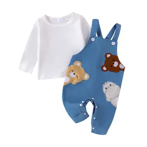 Newborn Baby Boy Clothes Long Sleeve T-Shirt Cartoon Bear Embroidery Suspender Overall Pants Set 2Pcs Infant Spring Warm Outfits