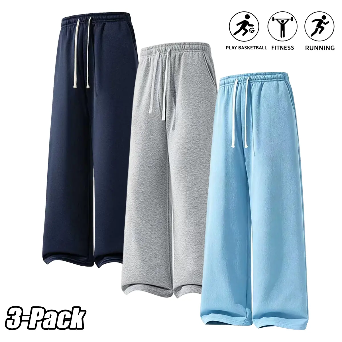 Men’s 3-Pack Polyester Athletic Basic Sweatpants, Mid-Waist Drawstring, Loose-Fit Solid Plain Long Pants, Unisex Fall/Winter Bottoms for Everyday Wear outdoor walk
