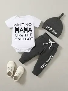Baby Boys Short Sleeve Letter Print Romper and Long Pants Set with Hat, Newborn Gift Set, Stylish Infant Clothes for Summer, Comfortable Baby Clothing