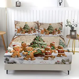 Set of 3 Christmas Gingerbread Man pattern fitted sheets, cozy printed pattern, includes 1 flat sheet and 2 pillowcases, comfortable bedding, non-slip dust cover for bedrooms and guest rooms, great gifts for kids and adults