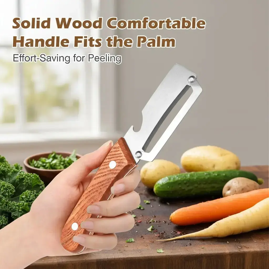 Premium-Grade Fruit & Vegetable Peeler | Sharp Stainless Steel Blade, Ergonomic Wooden Handle + Built-in Bottle Opener – Ideal for Daily Kitchen Use (Potatoes, Apples, Pumpkins & More)