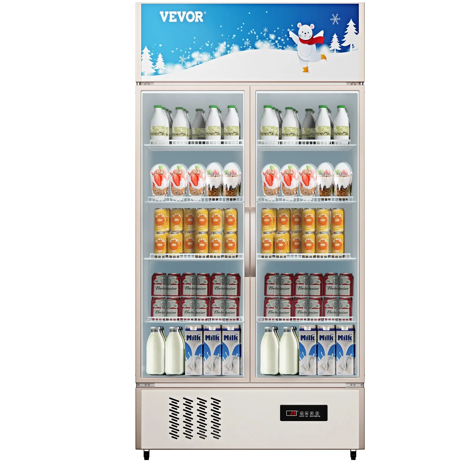 VEVOR 23 cu. ft. Commercial Upright Fridge Cooler Unit, Double Swing Glass Doors with LED Light, Adjustable Shelves for Apartment, Game Room