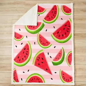 Watermelon Fleece Throw Blanket for Fresh Fruit Plush Blanket,Pink Stripe Summertime Sherpa Blanket for Bed Couch,Throw 50x60 Inches