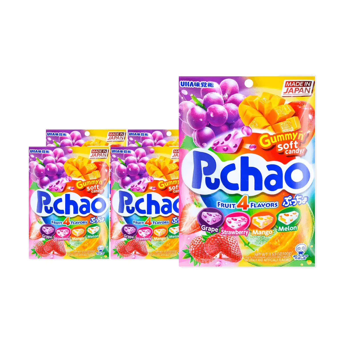5 Pack UHA PUCHAO Soft Jelly Gummy Variety - Grape Strawberry Mango Melon 3.53 oz - Japanese Candy