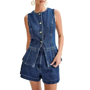 Women’s Denim Long Vest Top – Button-Front, Back Slit, Sleeveless, Pockets, Round Neck Waistcoat GARMENTARY
