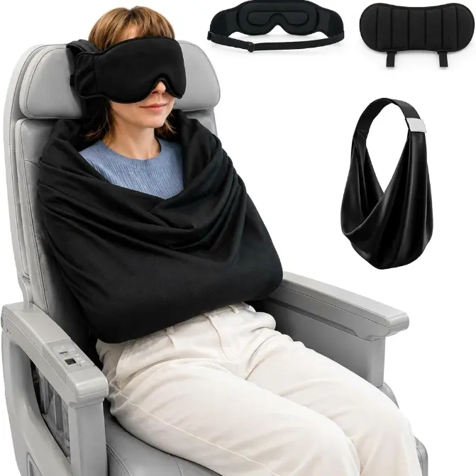 3-in-1 Airplane Sleep Support System - Integrated Plane Sleeping Accessories with Memory Foam Long Haul Flight Pillow, Adjustable Travel Eye Mask, and Blanket-Like Body Sling - Fits in Carry On