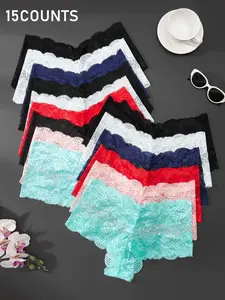 15 Pack Plus Size Women's Underwear Soft Knicker Elegant Chic Style Lace Pattern Fitted Hipster Panties, Breathable Nylon Fabric, Sheer Flare Lace Trim for All Seasons