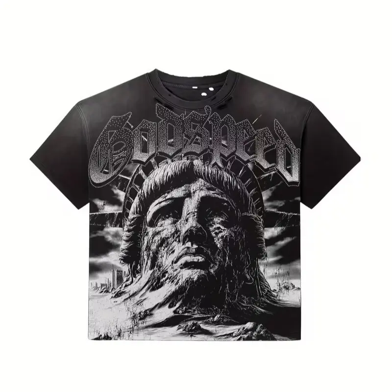 100% Cotton Y2K Hip-Hop T-Shirt with Godspeed Statue Face & City Skyline Art - Black/White