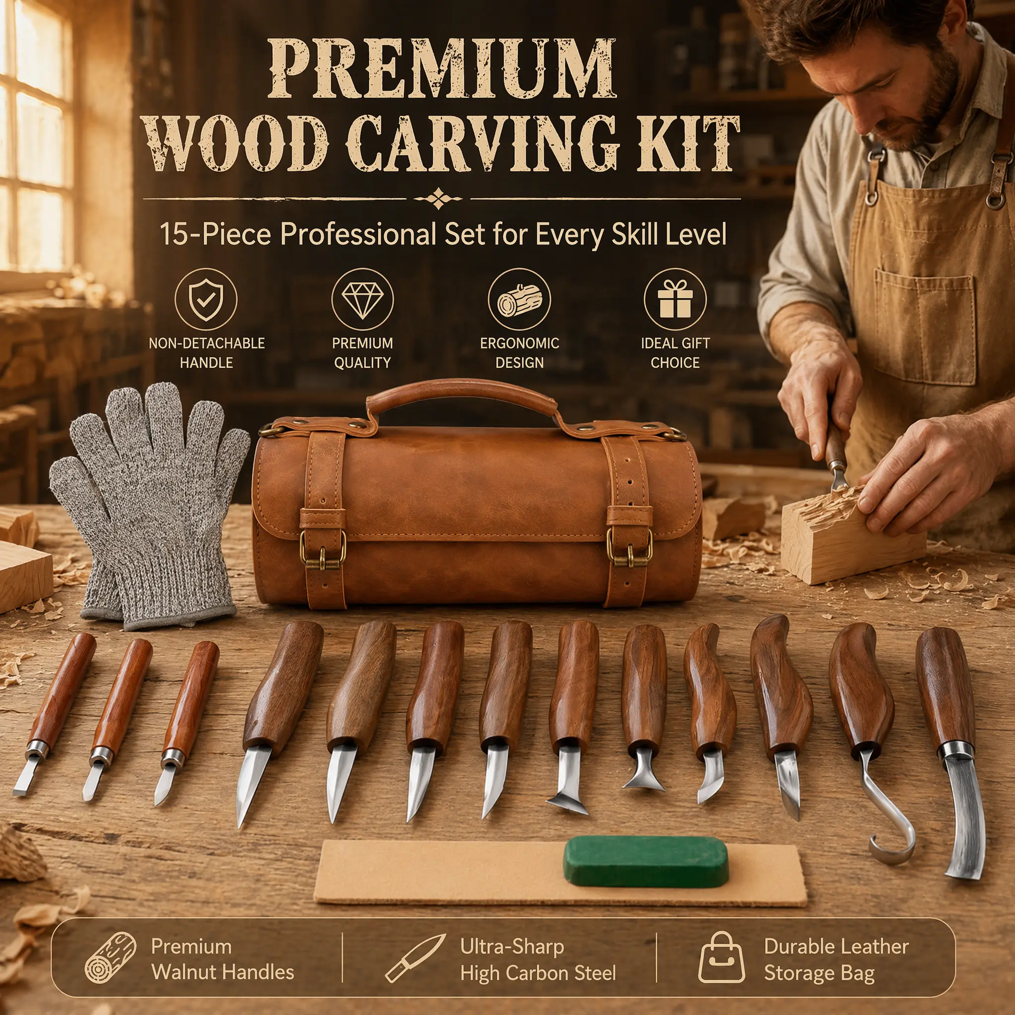 Deluxe Wood Whittling Kit for Beginners - Complete Carving Knife Set with Leather Storage Bag, Woodworking Work Tools