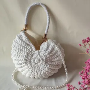 Conch Shell Knit Crochet Crossbody Shoulder Bag,Pearl Chain Handmade Woven Women Sling Bag,Elegant Delicate Cute Compact Purse NONE