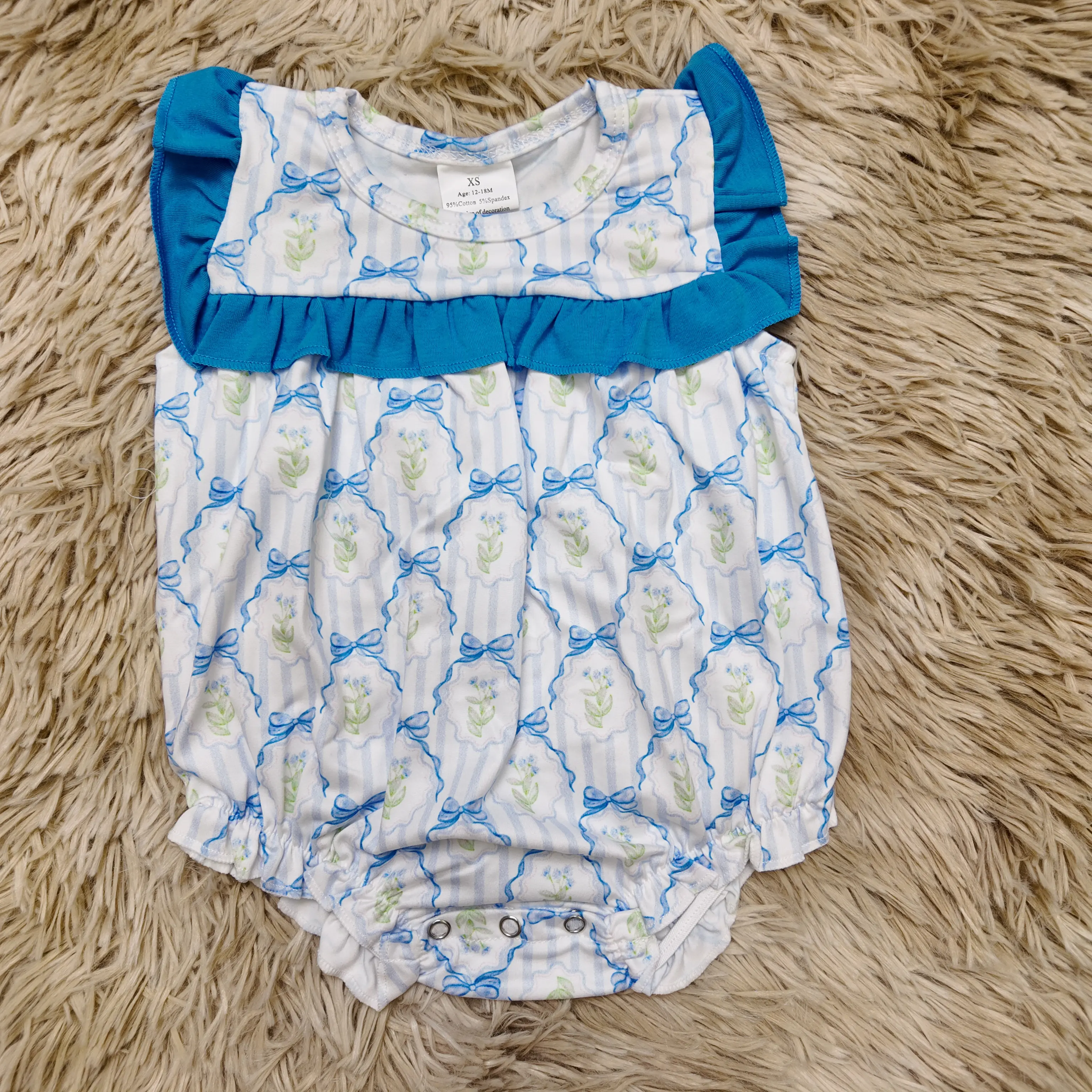 Baby Girls' Light Blue Bubble Romper - Baby Girls Clothing, Summer Crew Neck Bodysuit with Floral Print, Ruffle Stripes, Bow Detail, 2T, Bubble Baby Girls Romper