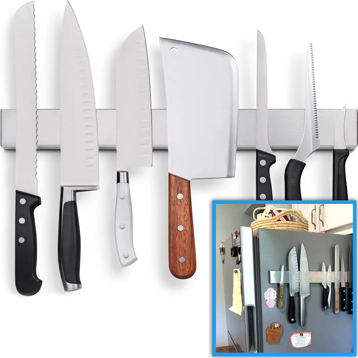 Stainless Steel Heavy-Duty Strip-Shaped Magnetic Knife Rack, Reinforced Magnets Wall-Mounted Kitchen Organizer for Knives and General Tools