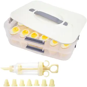 2-Layer Deviled Egg Containers With Lid,36PCS Deviled Egg Tray Carrier with Handl Injector Piping Tool,Portable Stackable Egg Holder Platter Holder Organizer for Refrigerator Party Picnic Travel Event