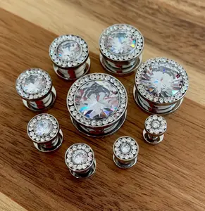 PAIR of Stunning Steel Screw Fit Plugs with Large Clear CZ Gem Surrounded by a CZ Rim - Gauges 8g (3.2) thru 5/8" (16mm)