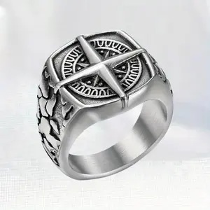 Creative Hip Hop Silver Stainless Steel Compass Pattern Men's Ring, Suitable for Rock, Motorcycle, Daily Party Wear, Christmas, Carnival, Father's Day Jewelry Gifts