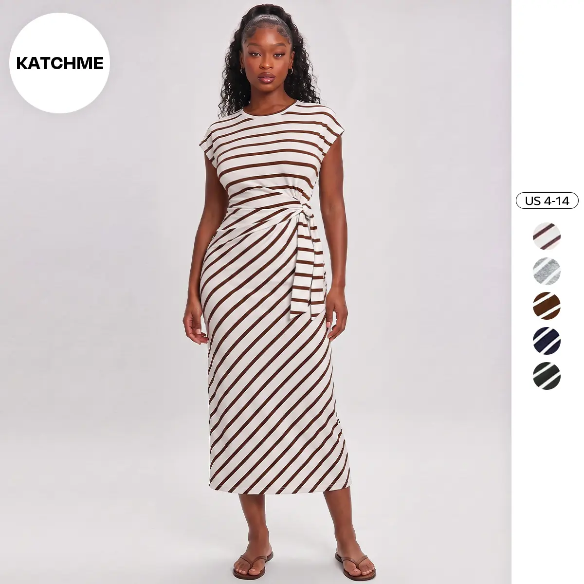 Katch Me Chic Women's Chic Color Matching Striped Cap Sleeve Knotted Slinky Maxi Dress, Versatile Summer Soft Holiday Dresses, Casual Minimalist Womenswear