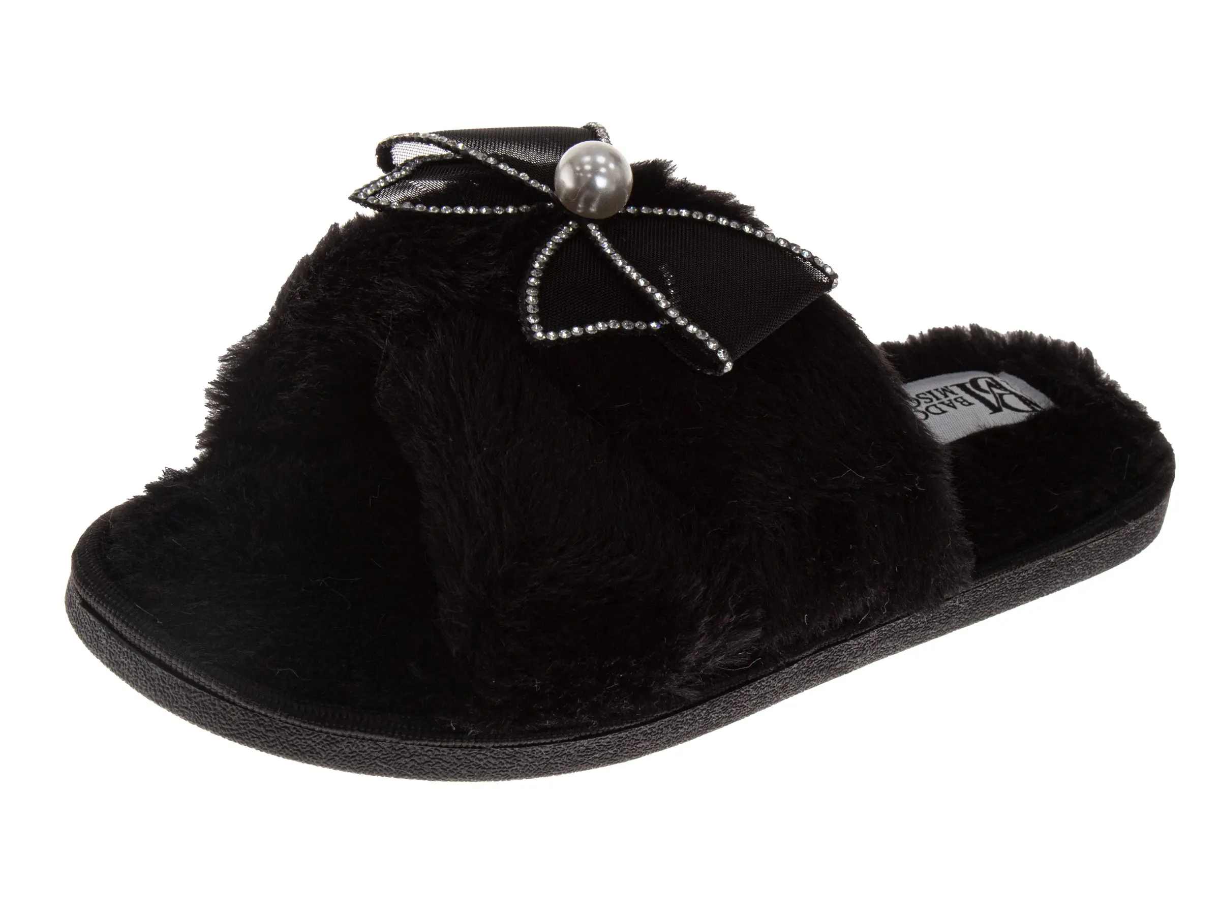 Badgley Mischka Slide Slippers for Women, Soft Synthetic Faux Fur Cross-Band Design with Elegant Bow, Sizes 5-10, Size 10, Year-Round, Flexible, Home Slippers, Indoor Wear, Open Slip-On, Casual, Ladies, Breathable Sole, All Seasons, Cross-Band Strap