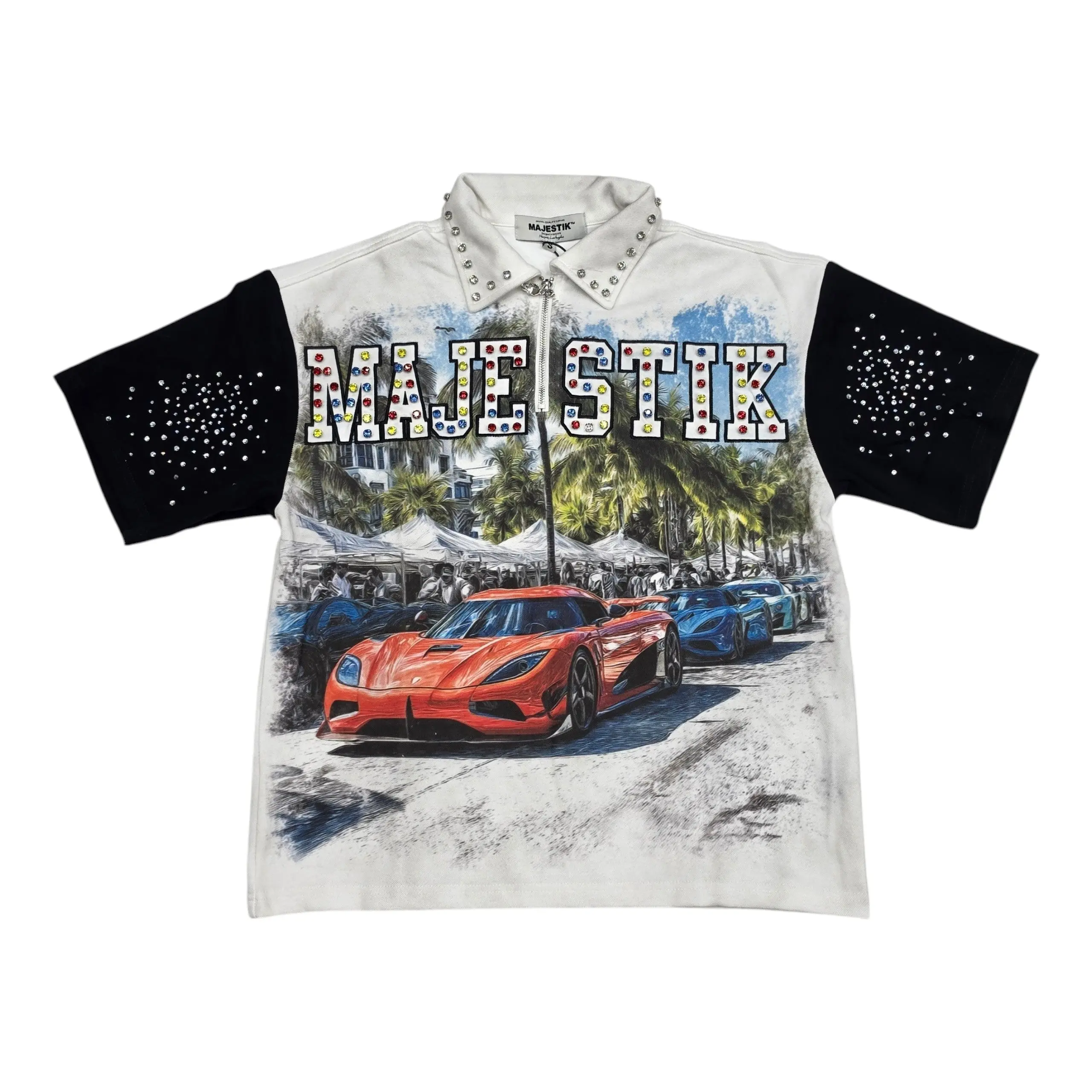 MAJESTIK MEN'S RHINESTONE MIAMI SUPERCAR ZIP POLO SHIRT