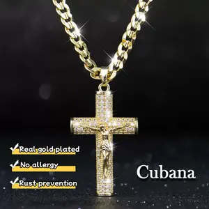14K Real Gold-Plated Cross Necklace for Men,Tarnish-Free Cuban link chain  with Jesus Crucifix Pendant, 24" Long, Christian Religious Jewelry Gift,Hypoallergenic & Tarnish-Resistant, Durable Hip Hop Jewelry for Daily Wear