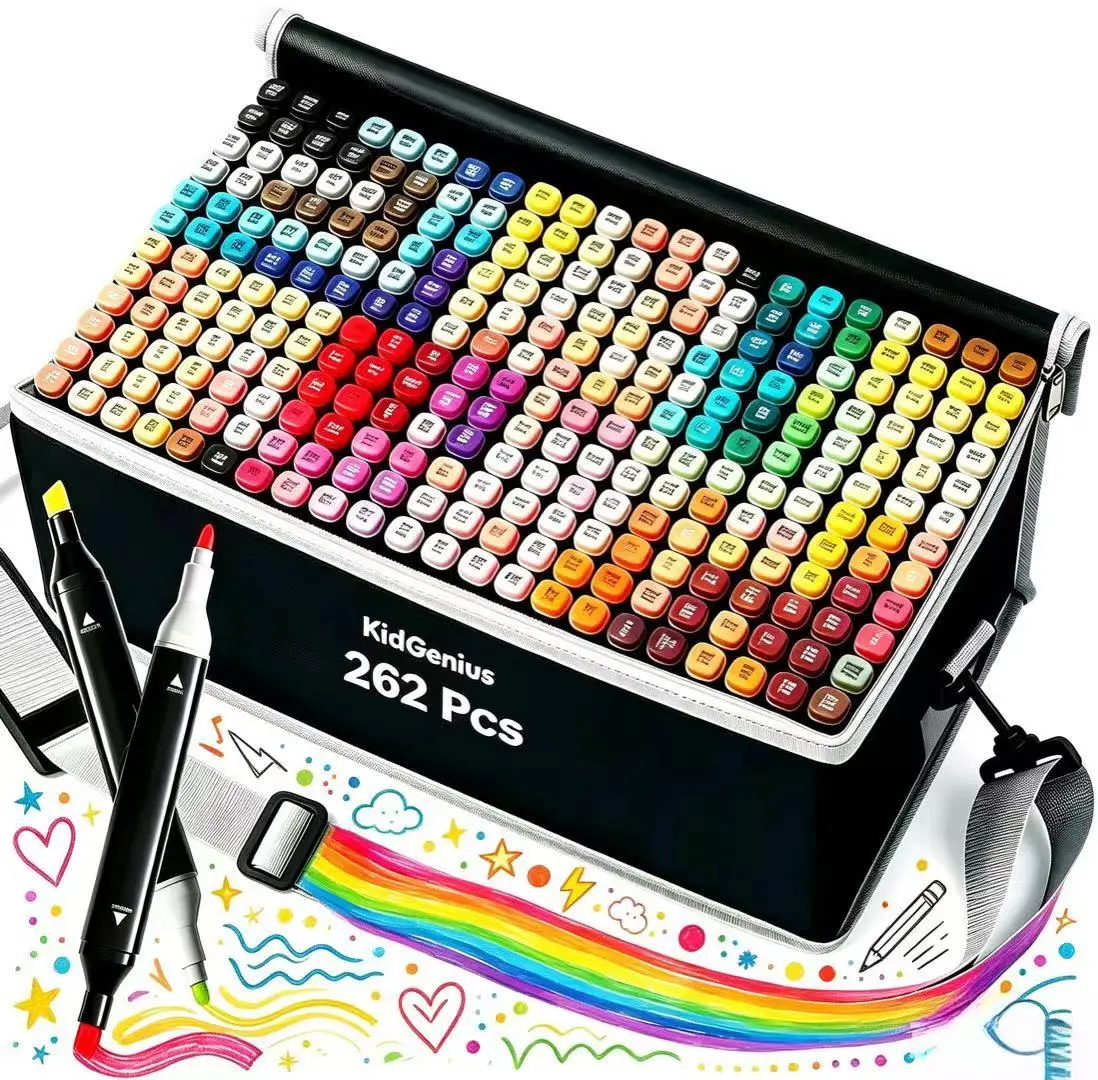 KIDGENIUS Dual Tip Alcohol Markers (120/168/262 Count) - Non-Toxic, Smooth Colorful Precision Pens, Paint Pens Markers for Kids Art & School Supplies, Permanent Drawing Tools for Creative Projects, Permanent Drawing Markers
