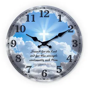 Wooden Wall Clock Decoration with Blue Background and Bible Verse, 10-14 Inch Silent Decorative Clock for Living Room, Bedroom, Church, Ideal for Valentine's Day and International Women's Day