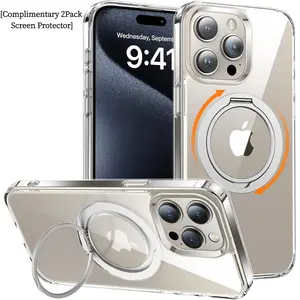 [ 2Pack Screen Protector] MagSafe 360 Phone cases for iPhone 17Pro Max iPhone 16 15 14 13  Pro Max Phone Cases with Stand, [MagSafe Compatatible][Military-Grade Protection], Translucent Metal Ring Case for  Crystal Clear case for iphone 17 Pro Max