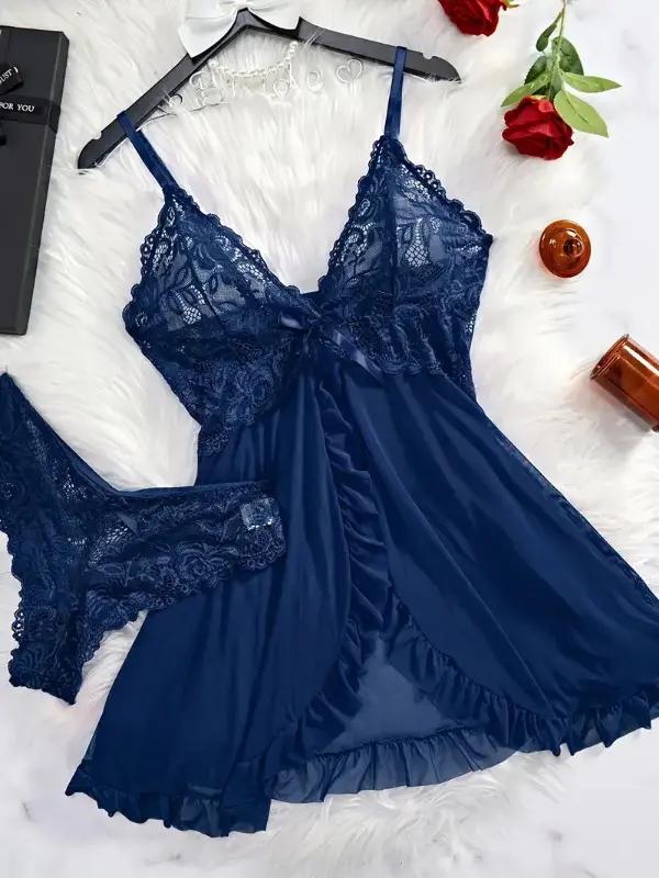 Women's Poly Spandex Comfortable Night Gown - Sleeveless, Seamless, V-Neck, Backless, Ruffle Trim, Contrast Lace, Split Hem Slip Dress with Stretch, Elastic Bust, Sexywear, Sohochic