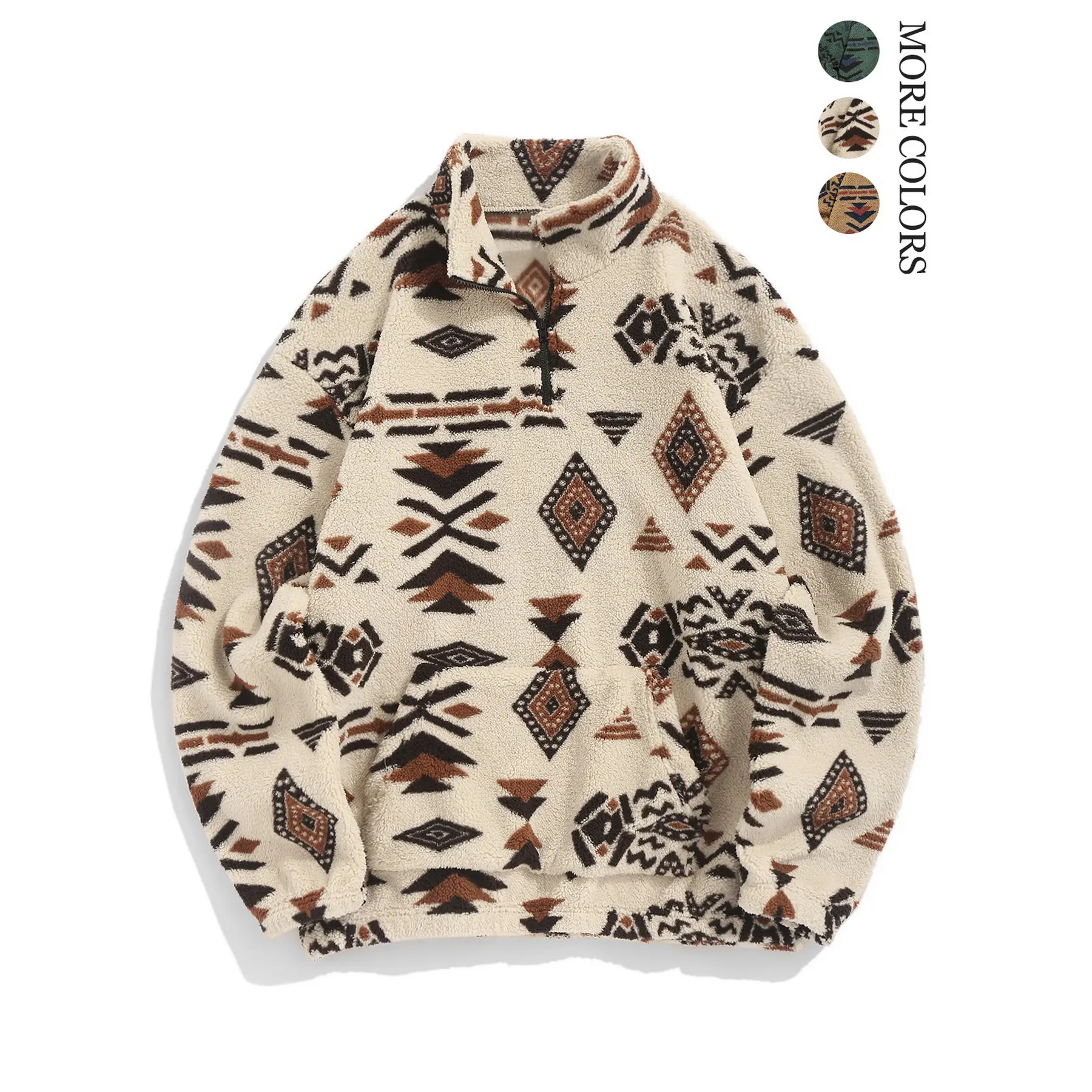 Vintage Quarter Zip Sherpa Fleece Pullover Sweatshirt With Pocket, Western Aztec Print Faux Fur Warm Winter Top, Unisex Oversized Casual Fall Outfits Plus Size Women’s Fashion