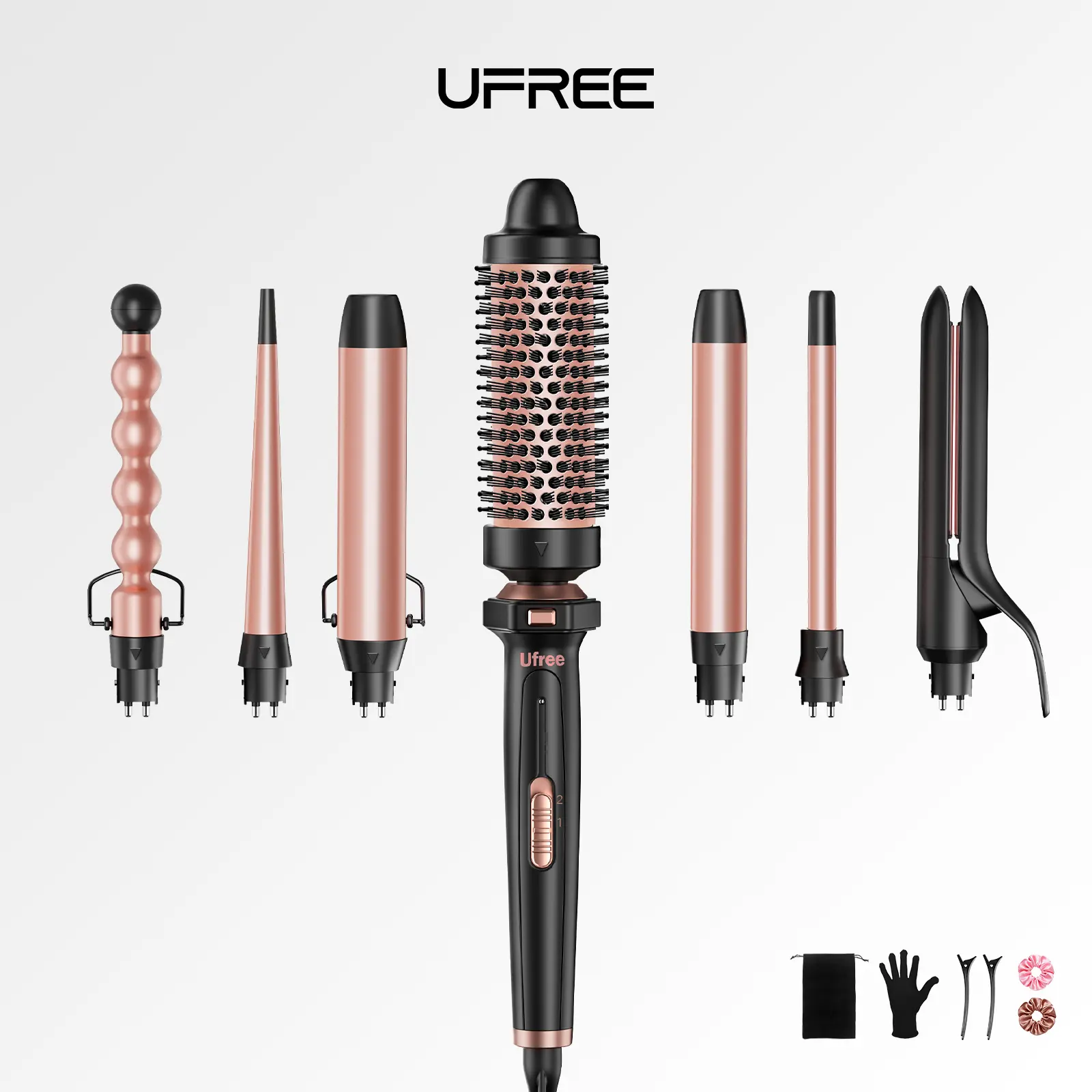 Ufree 7-in-1 Curling Iron Set with Interchangeable Ceramic Barrels, Curling Wand Set with Thermal Brush, Hair Straightener and Wand Curling Iron, Versatile Styling Hair Curlers Set, Gifts for Women