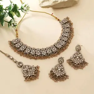 Dazzling Polki and Kundan Stones Necklace and Earrings Tikaa Set