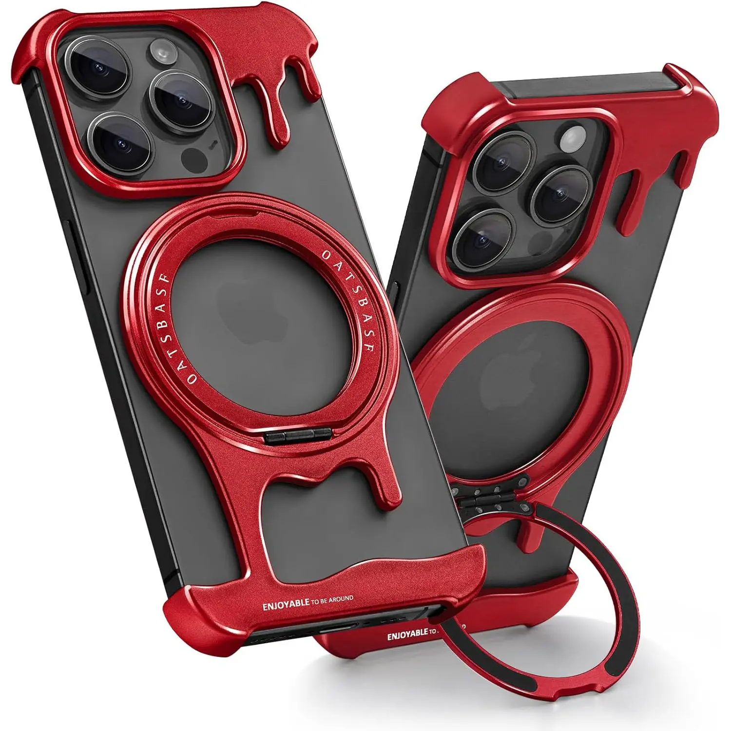 Oatsbase Magnetic Frameless Liquid Metal Phone Case for iPhone15Pro Max - MagSafe Ring Kickstand, 360 Rotation Holder, Minimalist Alloy Bumper, Slim Profile Hard Shockproof Protector, Easy-Install Mobile Accessory (Red, Landscape Compatible)