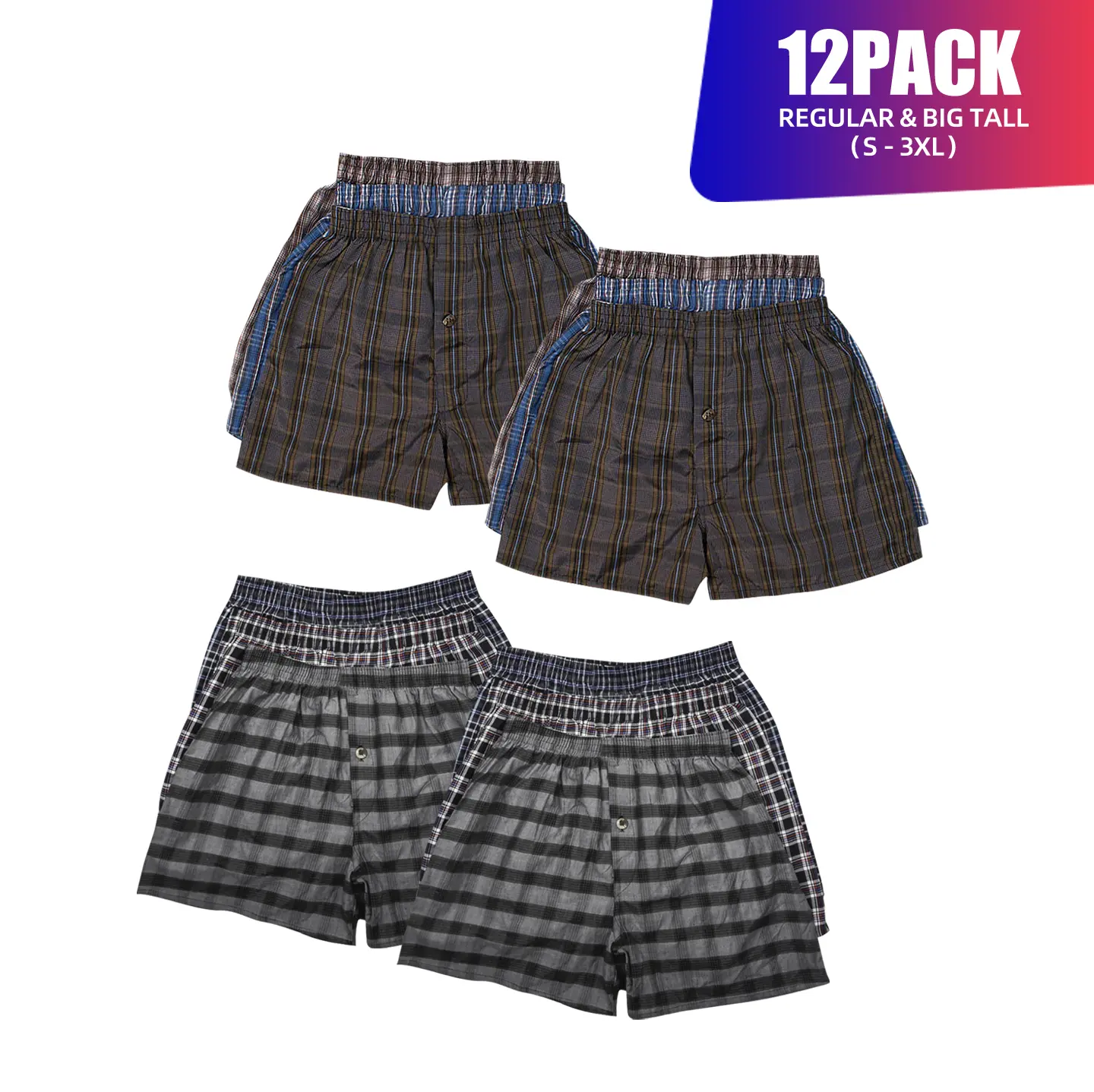 12 Pack Men's Boxer Shorts Random Mixed Color Pack Woven Relaxed Fit Boxers for Men Soft Breathable High quality Underwear with Elastic Waist Menswear