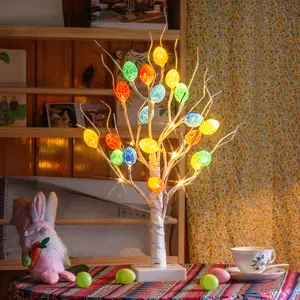 Easter Decor 2026 Tabletop Tree with 18 Cracked Easter Eggs  Ornaments, 24 Led Lights Battery Operated Table Centerpiece for Party Birthday Home Spring Decoration Indoor Free returns