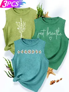 Women's 3Pcs Crew Neck Tank Tops, Hand-Drawn Bouquet & Just Breathe Slogan Combo Print, Multiple Colors Available, Machine Washable, Spring & Summer Tops, Soft Skin-Friendly Fabric, Daily Versatile, Fashion Design