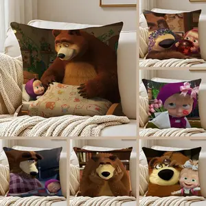 M-Masha And The Bear Cushion Cover Soft Short Plush Fabric Double-Sided Print | Breathable Pillow Cover for Sofa Couch Bed | Skin-Friendly, Washable, Invisible Zipper, Anti-Dust Mite, Durable Material | Warm Winter Home Decor Gift