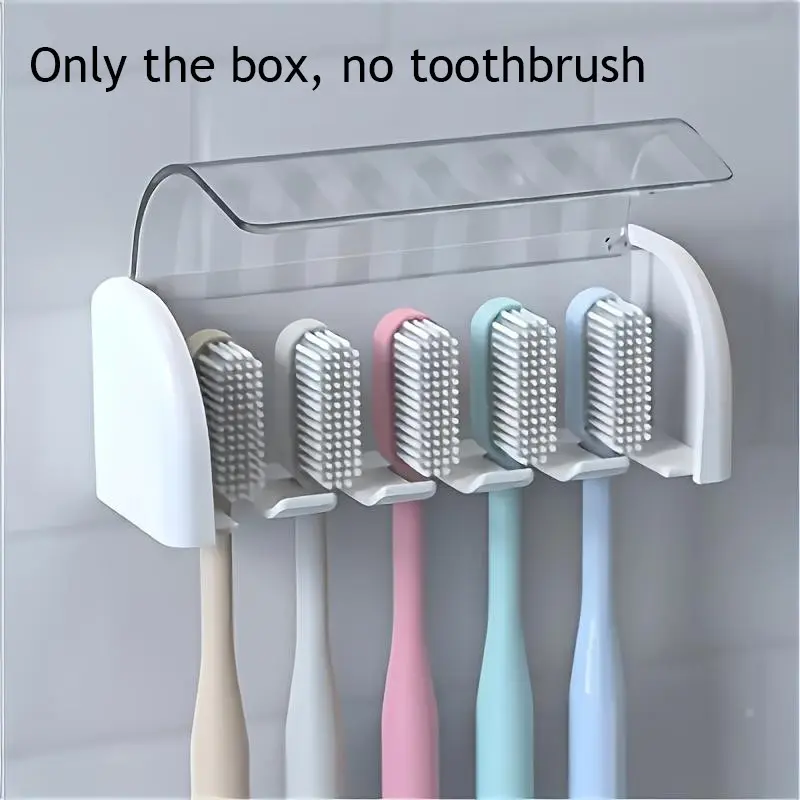 5-Slot Toothbrush Holder with Lid, Self-adhesive Wall Toothbrush Storage Rack, Plastic Bathroom Supplies, Suitable for Dormitories and Showers, Can Hold 5 Toothbrushes, No Electricity Required, Perfect Bathroom Accessory, Toothbrush Holder with Cover
