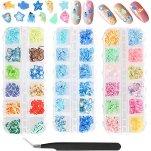 3 Boxes 3D Mixed Ocean Theme Nail Art Polymer Clay Slice Charms with Summer Shell Octopus Starfish Clownfish and Tweezers for DIY Manicure Decoration