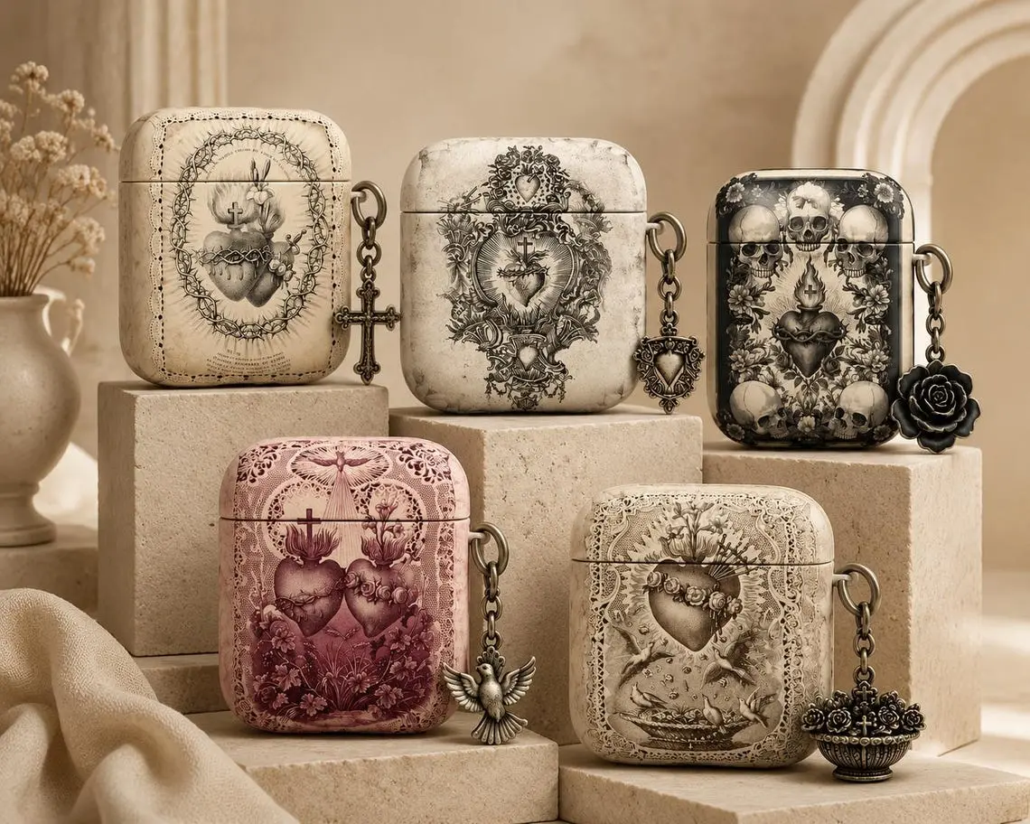 Sacred Heart Case, Gothic Religious AirPods gen 1 2 3 4 Pro Cover, Vintage Catholic Dark Academia Floral Skull Christian Gift, No Keychain