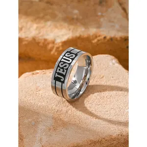 Women's Elegant Fashion Ring in Stainless Steel, Minimalist Band with Engraved Jesus Cross, Classic Daily Finger Jewelry, Elegant Fashion Rings