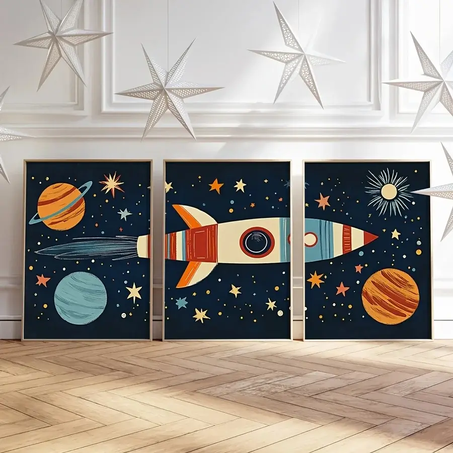 Frameless 3pcs/set Retro Space Rocket Wall Art Set, Space Theme Design, Dark Blue Children's Room Hanging Picture, Space Travel Planet Retro Rocket Artwork
